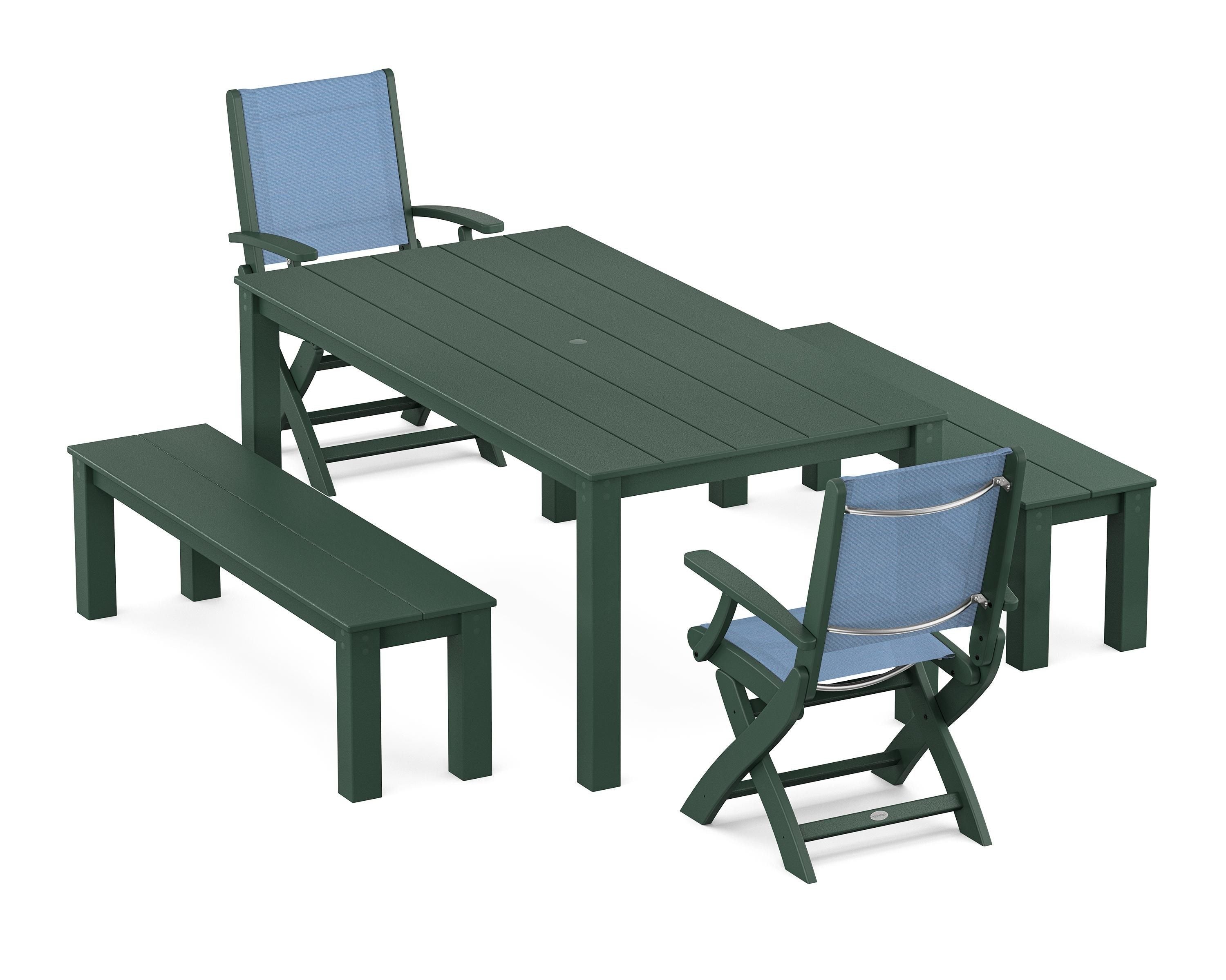 POLYWOOD® Coastal Folding Chair 5-Piece Parsons Dining Set with Benches in Green / Poolside Sling