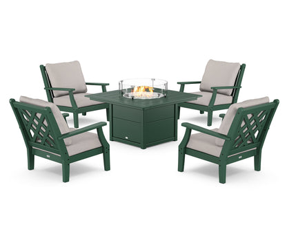 Country Living Wovendale 5-Piece Deep Seating Set with Fire Pit Table in Green / Dune Burlap