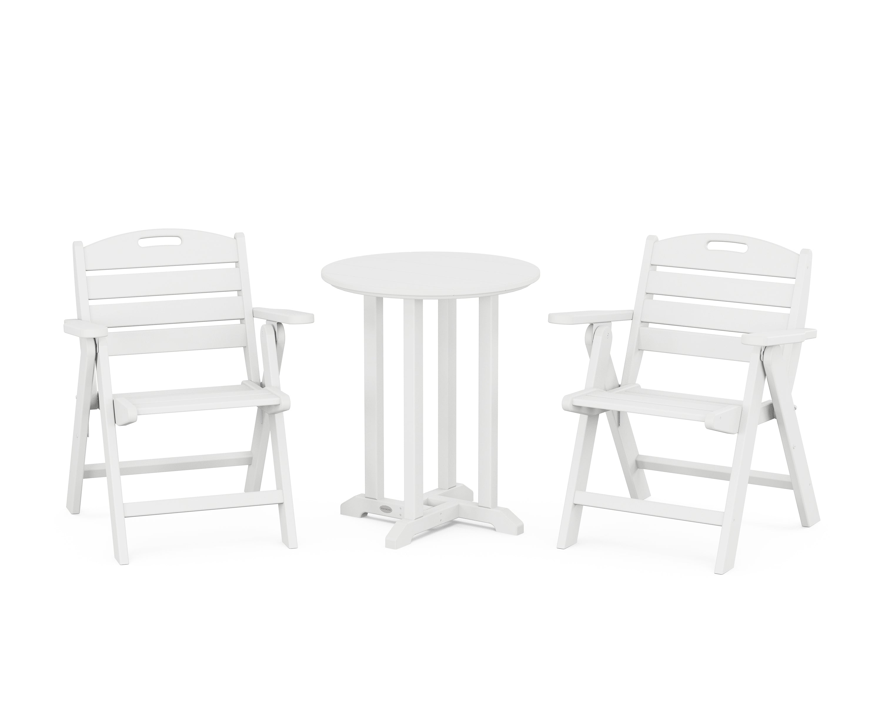 POLYWOOD® Nautical Folding Lowback Chair 3-Piece Round Bistro Dining Set in White