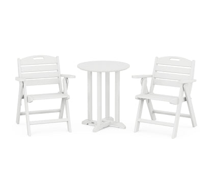 POLYWOOD® Nautical Folding Lowback Chair 3-Piece Round Bistro Dining Set in White