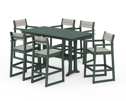 POLYWOOD® EDGE Sling Arm Chair 7-Piece Farmhouse Bar Set with Trestle Legs in Green / Birch Sling