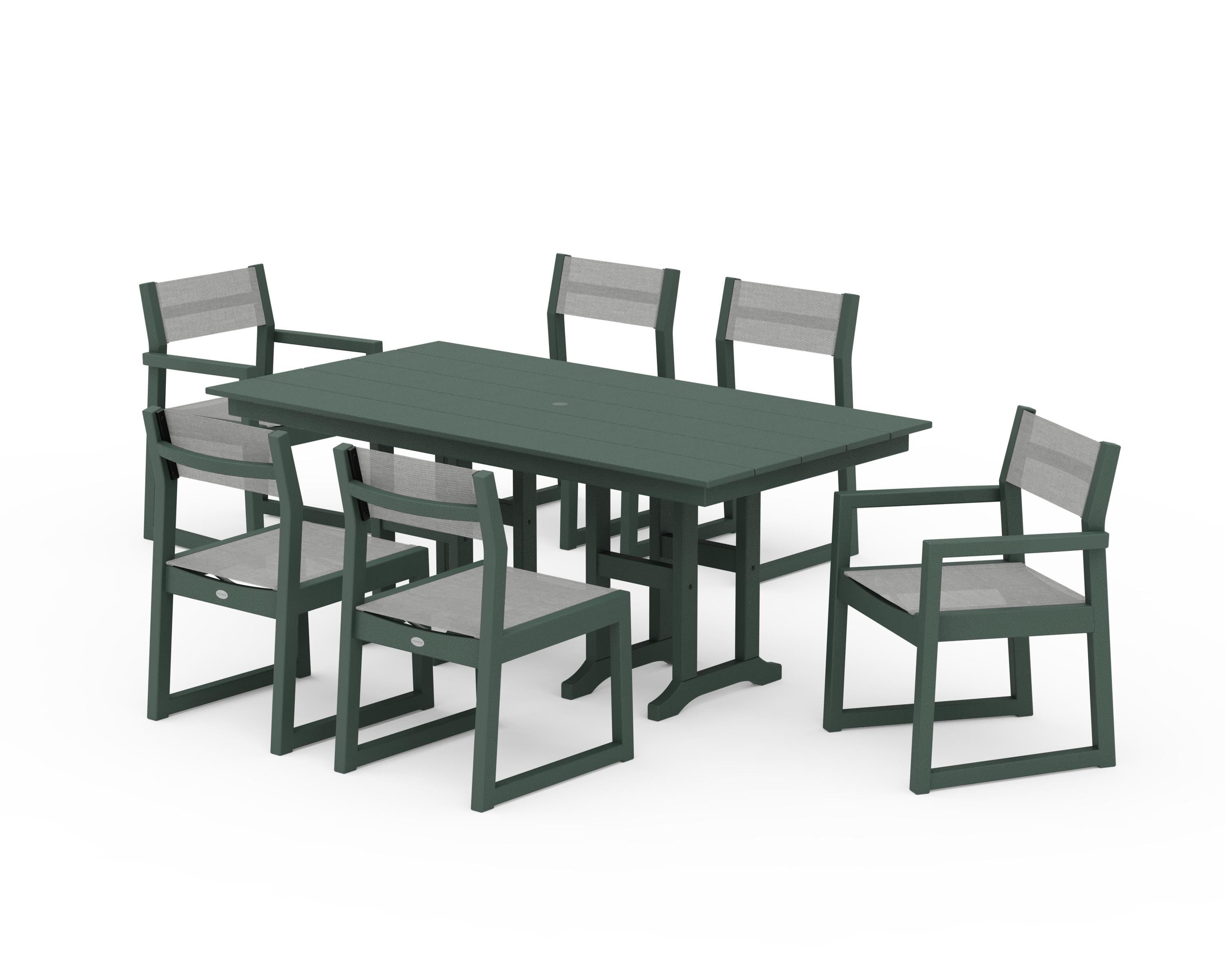 POLYWOOD® EDGE Sling 7-Piece Farmhouse Dining Set in Green / Metallic Sling