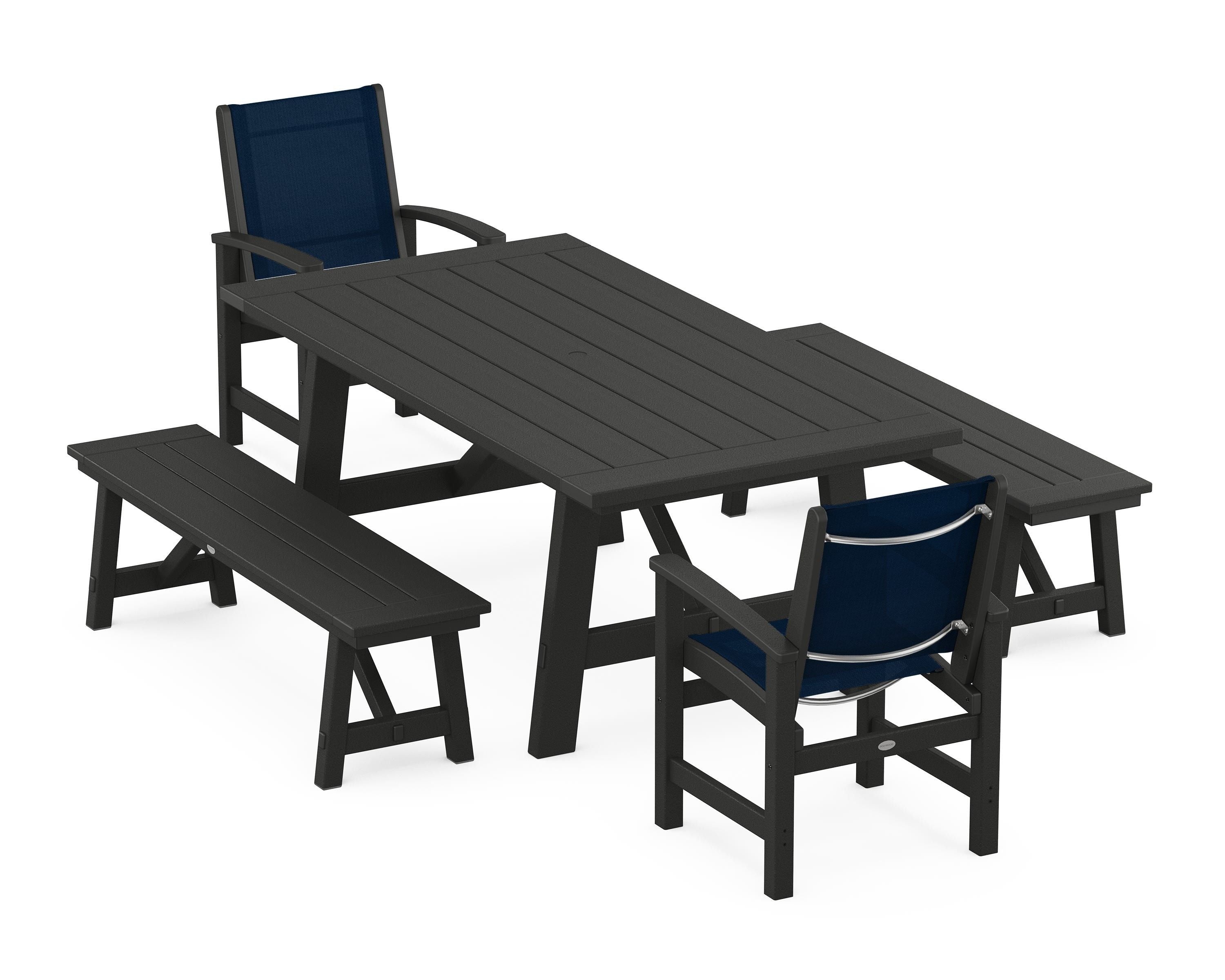 POLYWOOD® Coastal 5-Piece Rustic Farmhouse Dining Set With Benches in Black / Navy Blue Sling
