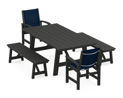 POLYWOOD® Coastal 5-Piece Rustic Farmhouse Dining Set With Benches in Black / Navy Blue Sling