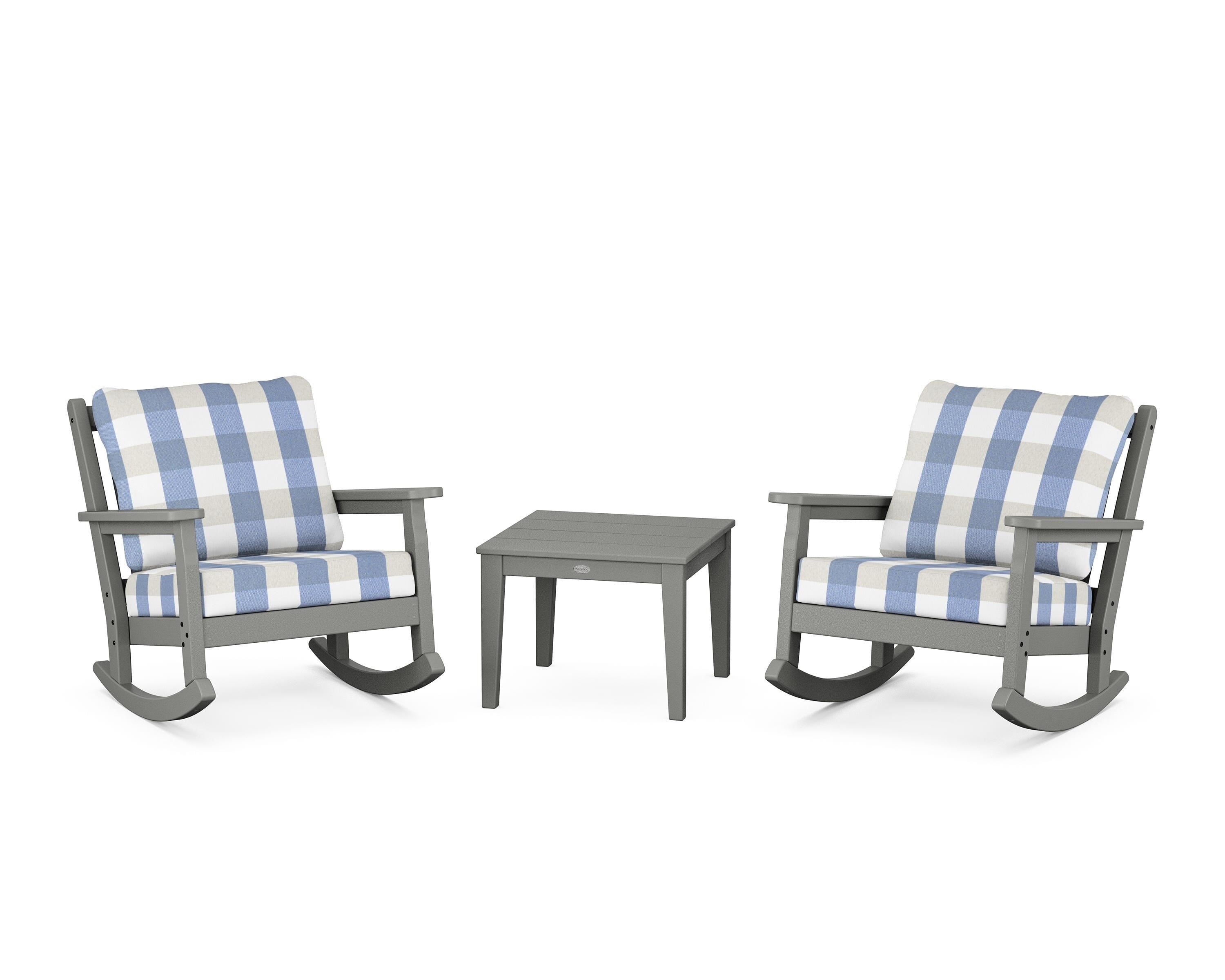 POLYWOOD® Chippendale 3-Piece Deep Seating Rocker Set in Slate Grey / Buffalo Plaid Sky Blue