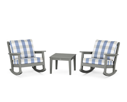 POLYWOOD® Chippendale 3-Piece Deep Seating Rocker Set in Slate Grey / Buffalo Plaid Sky Blue