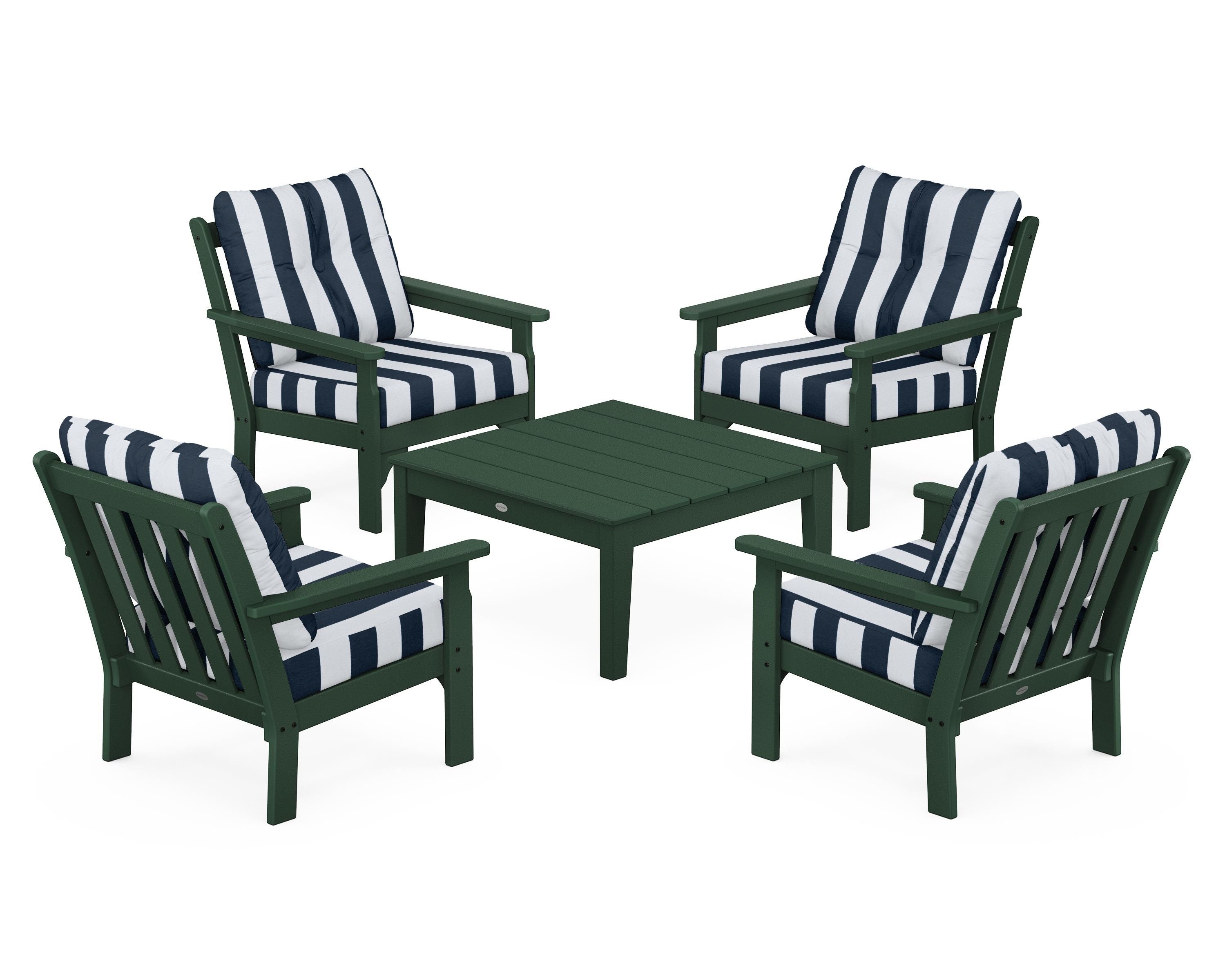POLYWOOD® Vineyard 5-Piece Deep Seating Conversation Set in Green / Cabana Stripe Marine Indigo
