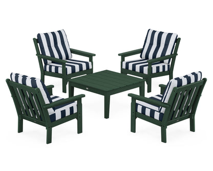 POLYWOOD® Vineyard 5-Piece Deep Seating Conversation Set in Green / Cabana Stripe Marine Indigo