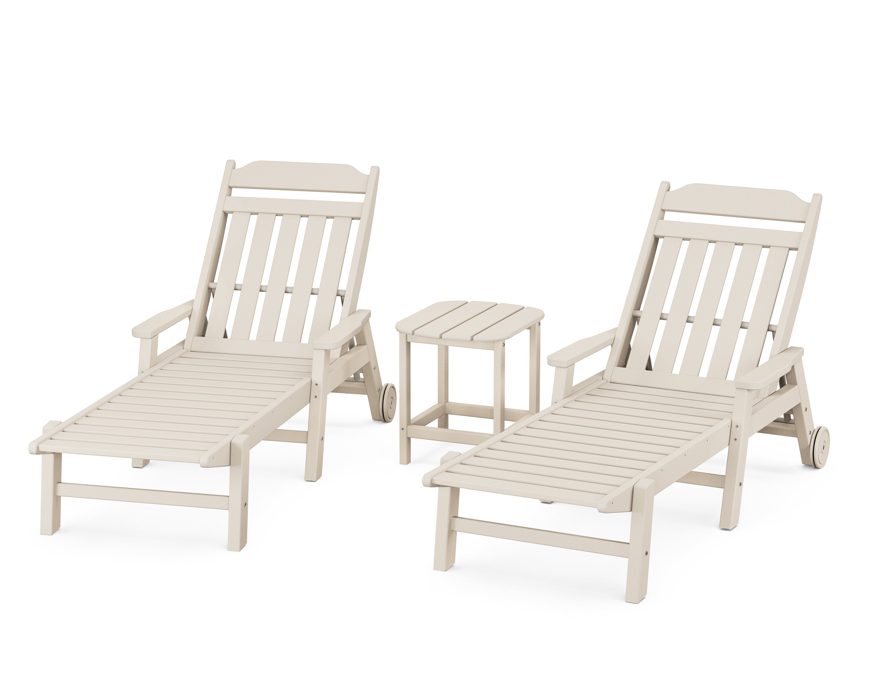 Country Living Cottage 3-Piece Chaise Set with Arms and Wheels in Sand