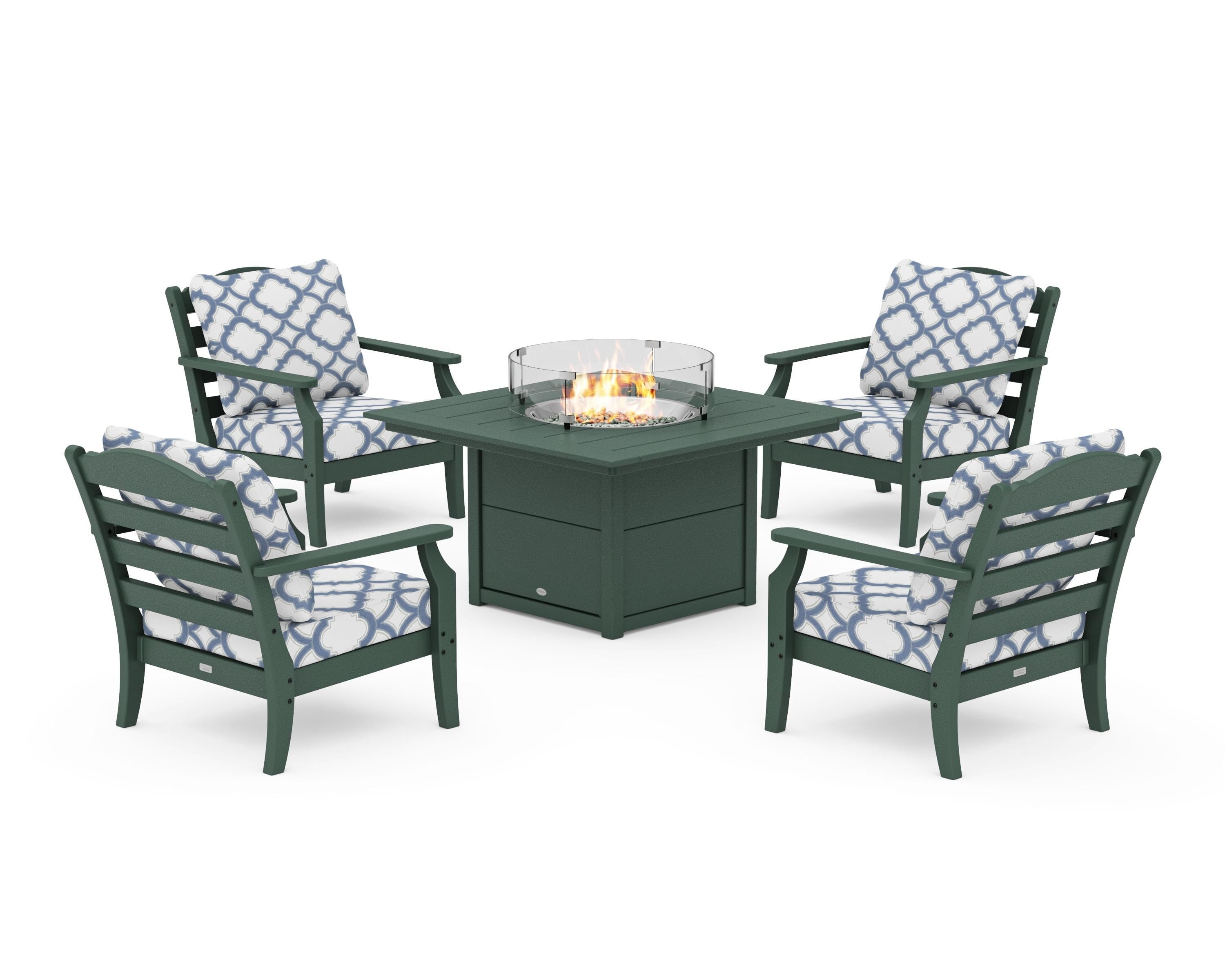 Draper James™ by  POLYWOOD® Savannah 5-Piece Deep Seating Set with Fire Pit Table in Green / Trellis Sky Blue