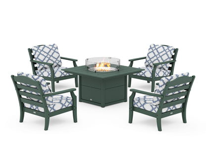 Draper James™ by  POLYWOOD® Savannah 5-Piece Deep Seating Set with Fire Pit Table in Green / Trellis Sky Blue