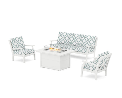 POLYWOOD® Braxton Deep Seating Fire Pit Table Set in White / Trellis Glacier Spa