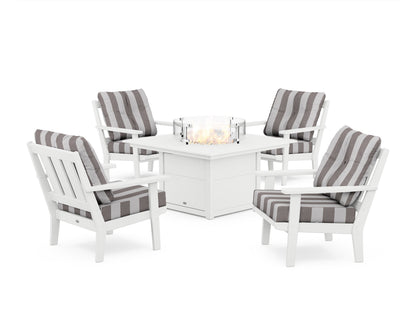 POLYWOOD® Oxford 5-Piece Deep Seating Set with Fire Pit Table in White / Cabana Stripe Grey Mist