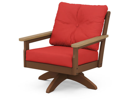 POLYWOOD® Vineyard Deep Seating Swivel Chair in Teak / Natural / Crimson Linen