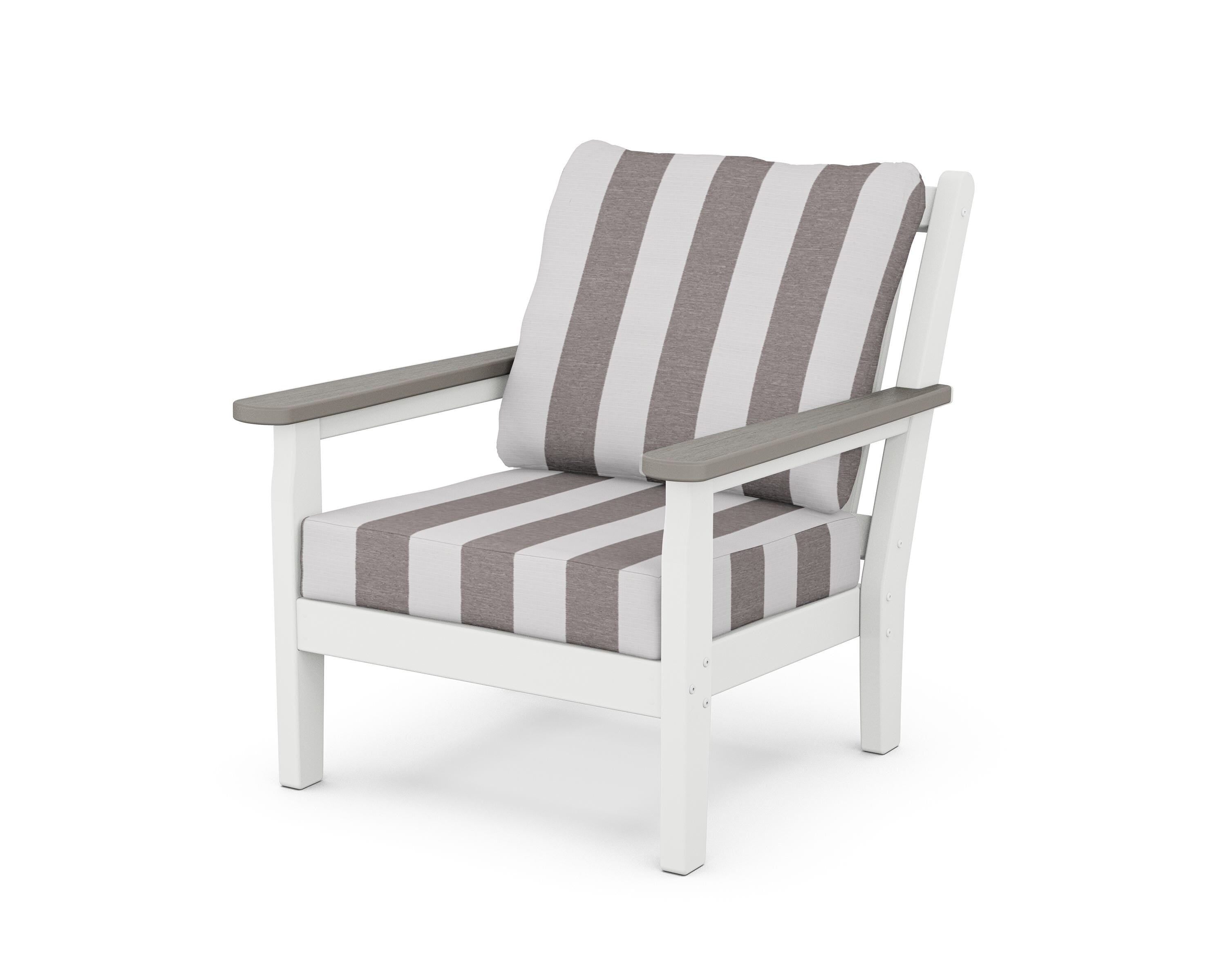 POLYWOOD® Chippendale Deep Seating Chair in White / Driftwood / Cabana Stripe Grey Mist