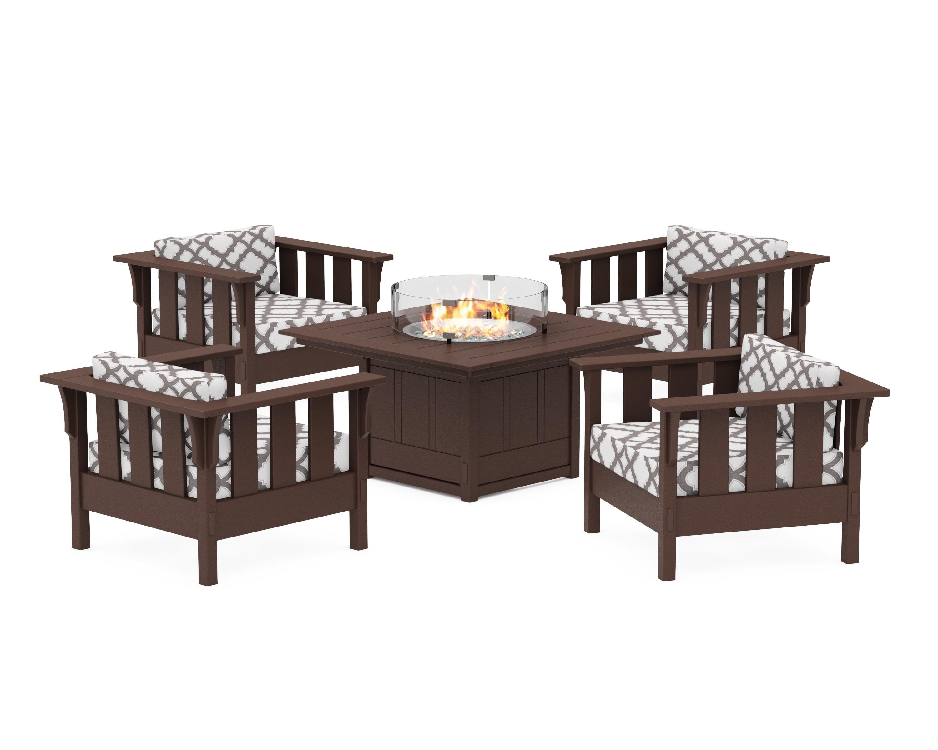 Martha Stewart by POLYWOOD® Acadia 5-Piece Deep Seating Set with Fire Pit Table in Mahogany / Trellis Grey Mist