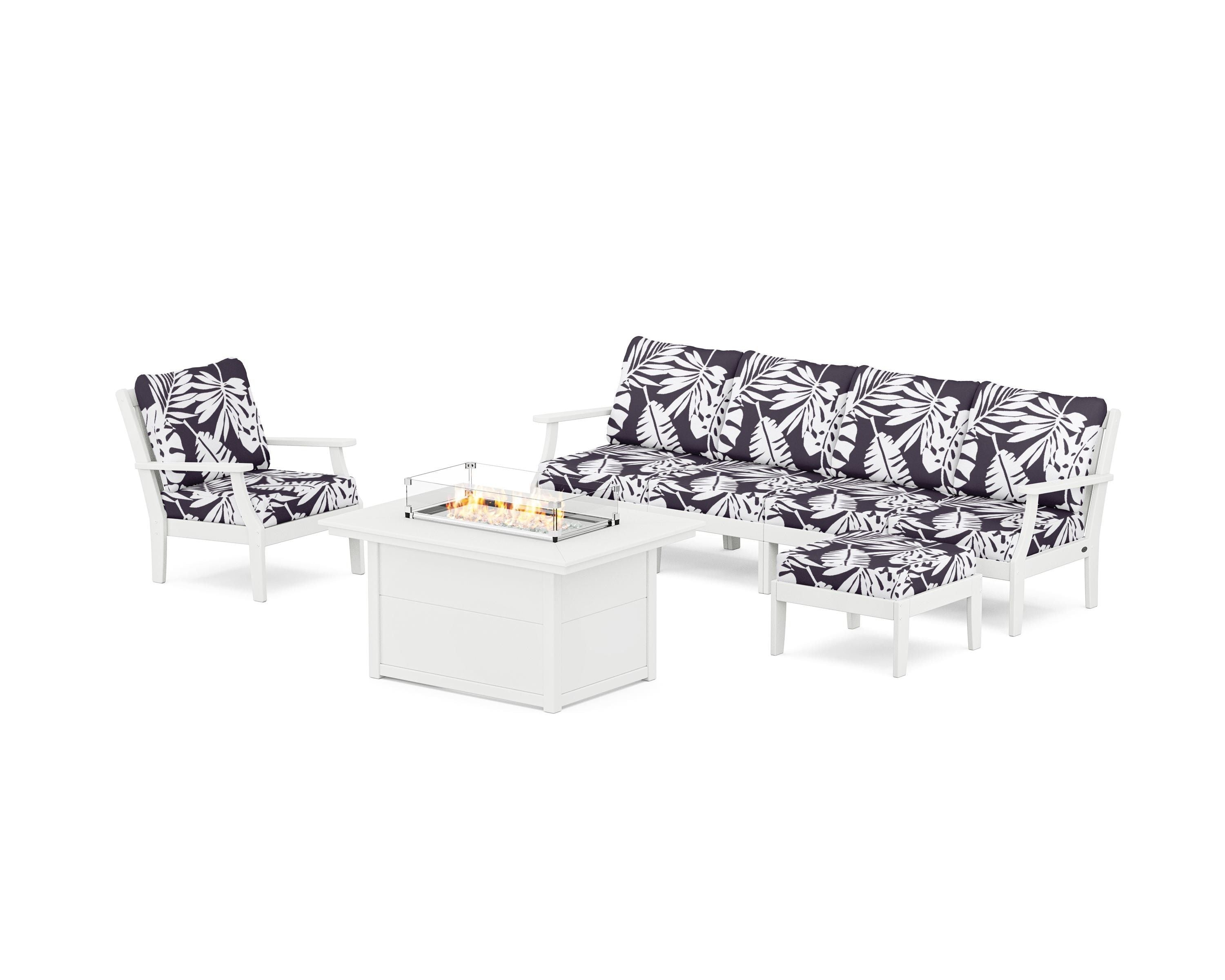 POLYWOOD® Braxton Sectional Lounge and Fire Pit Set in White / Leaf Navy
