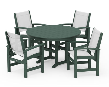 POLYWOOD® Coastal 5-Piece Round Farmhouse Dining Set in Green / White Sling