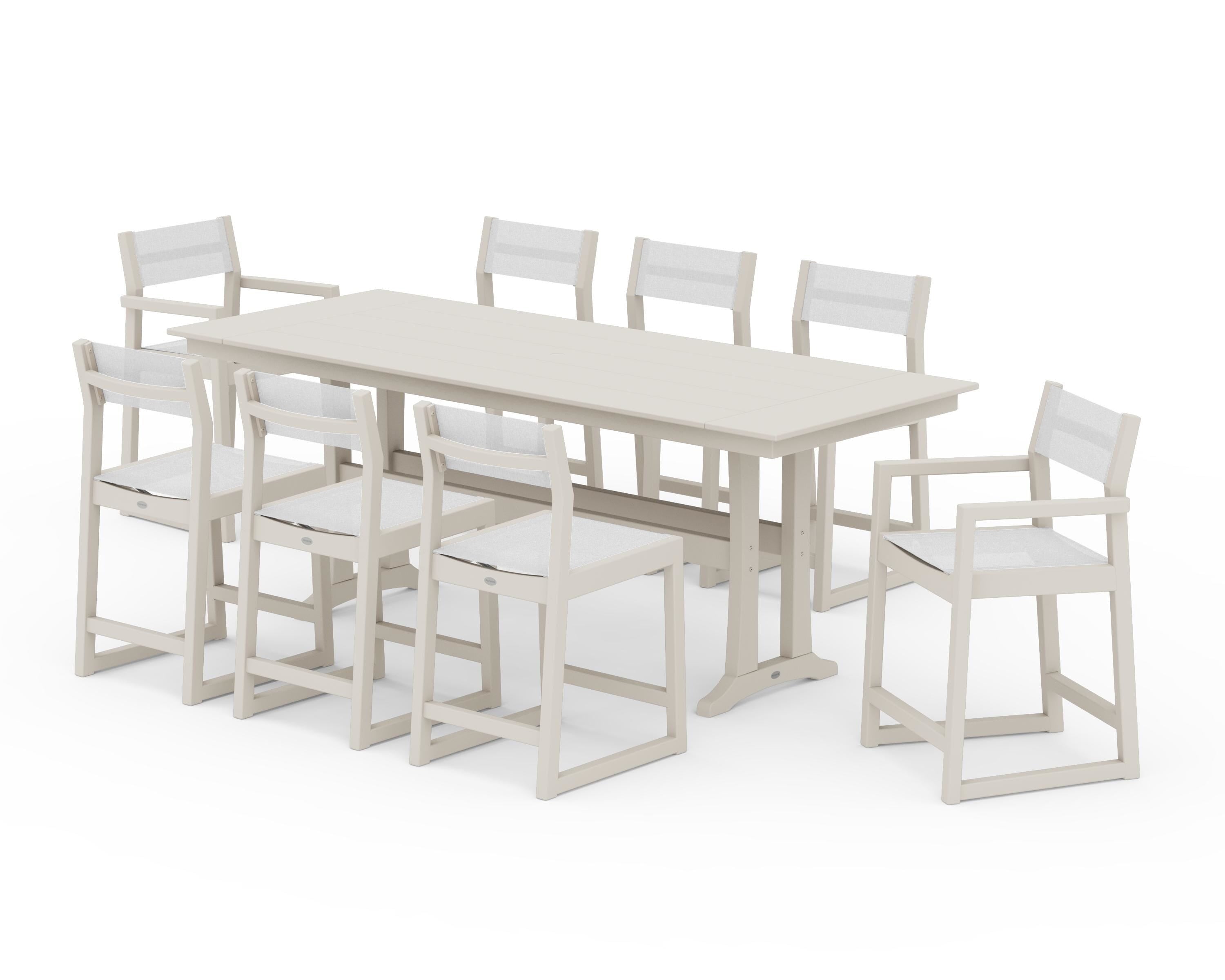POLYWOOD® EDGE Sling 9-Piece Farmhouse Counter Set with Trestle Legs in Sand / White Sling
