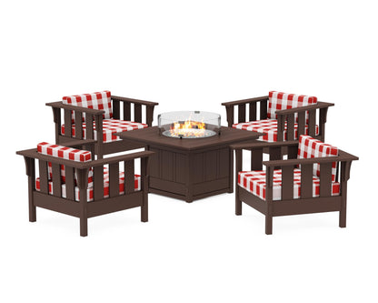 Martha Stewart by POLYWOOD® Acadia 5-Piece Deep Seating Set with Fire Pit Table in Mahogany / Buffalo Plaid Crimson