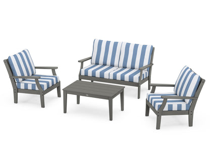 POLYWOOD® Braxton 4-Piece Deep Seating Chair Set in Slate Grey / Cabana Stripe Sky Blue
