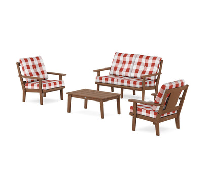 POLYWOOD® Prairie 4-Piece Deep Seating Set with Loveseat in Teak / Buffalo Plaid Crimson