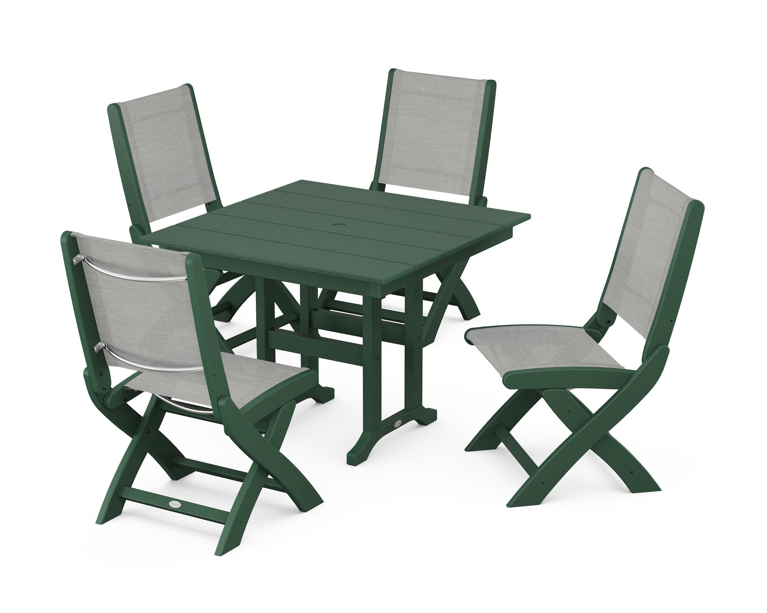 POLYWOOD® Coastal Folding Side Chair 5-Piece Farmhouse Dining Set in Green / Metallic Sling