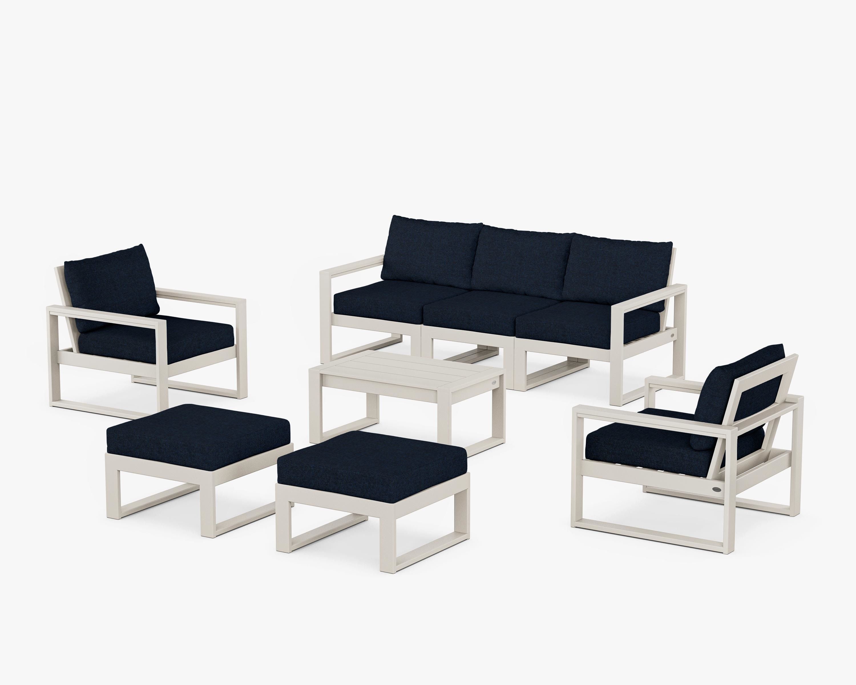 POLYWOOD® EDGE Sectional 8-Piece Lounge Sofa Set in Sand / Marine Indigo