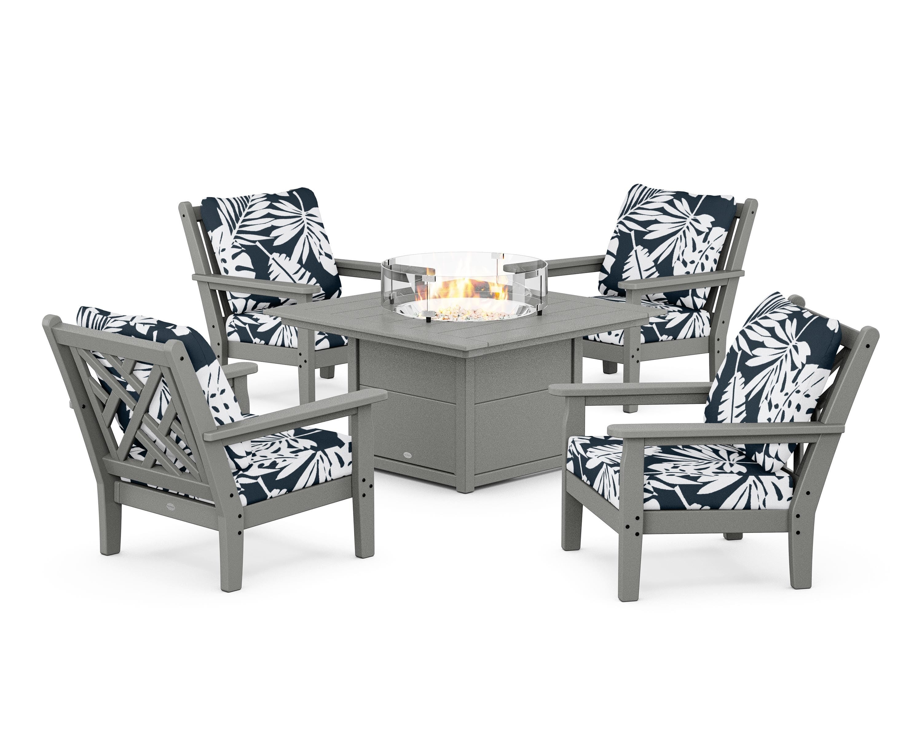 POLYWOOD® Chippendale 5-Piece Deep Seating Set with Fire Pit Table in Slate Grey / Leaf Marine Indigo