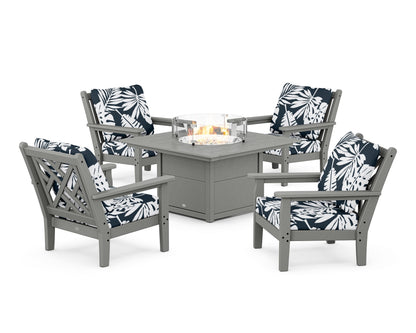 POLYWOOD® Chippendale 5-Piece Deep Seating Set with Fire Pit Table in Slate Grey / Leaf Marine Indigo
