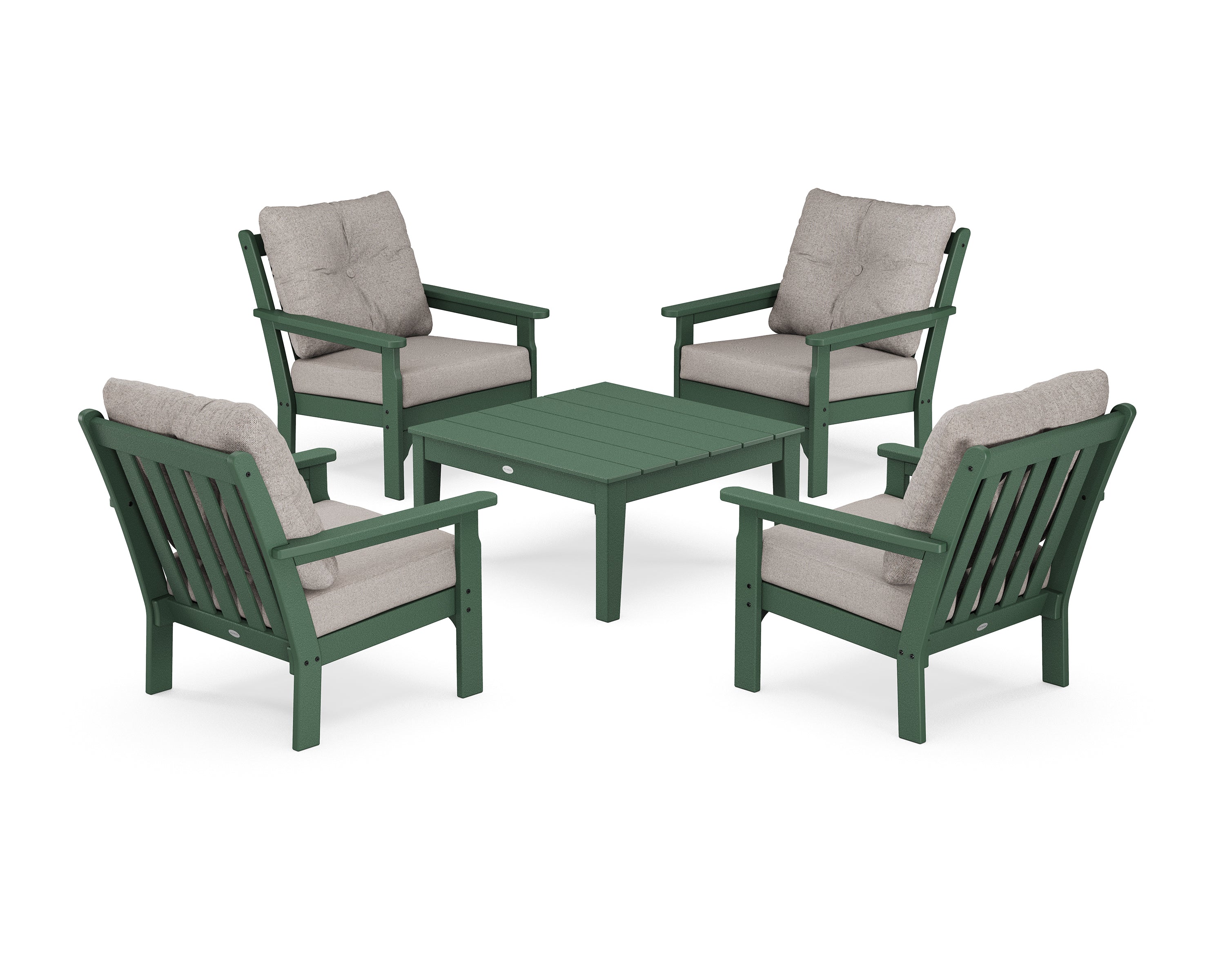 POLYWOOD® Vineyard 5-Piece Deep Seating Conversation Set in Green / Weathered Tweed