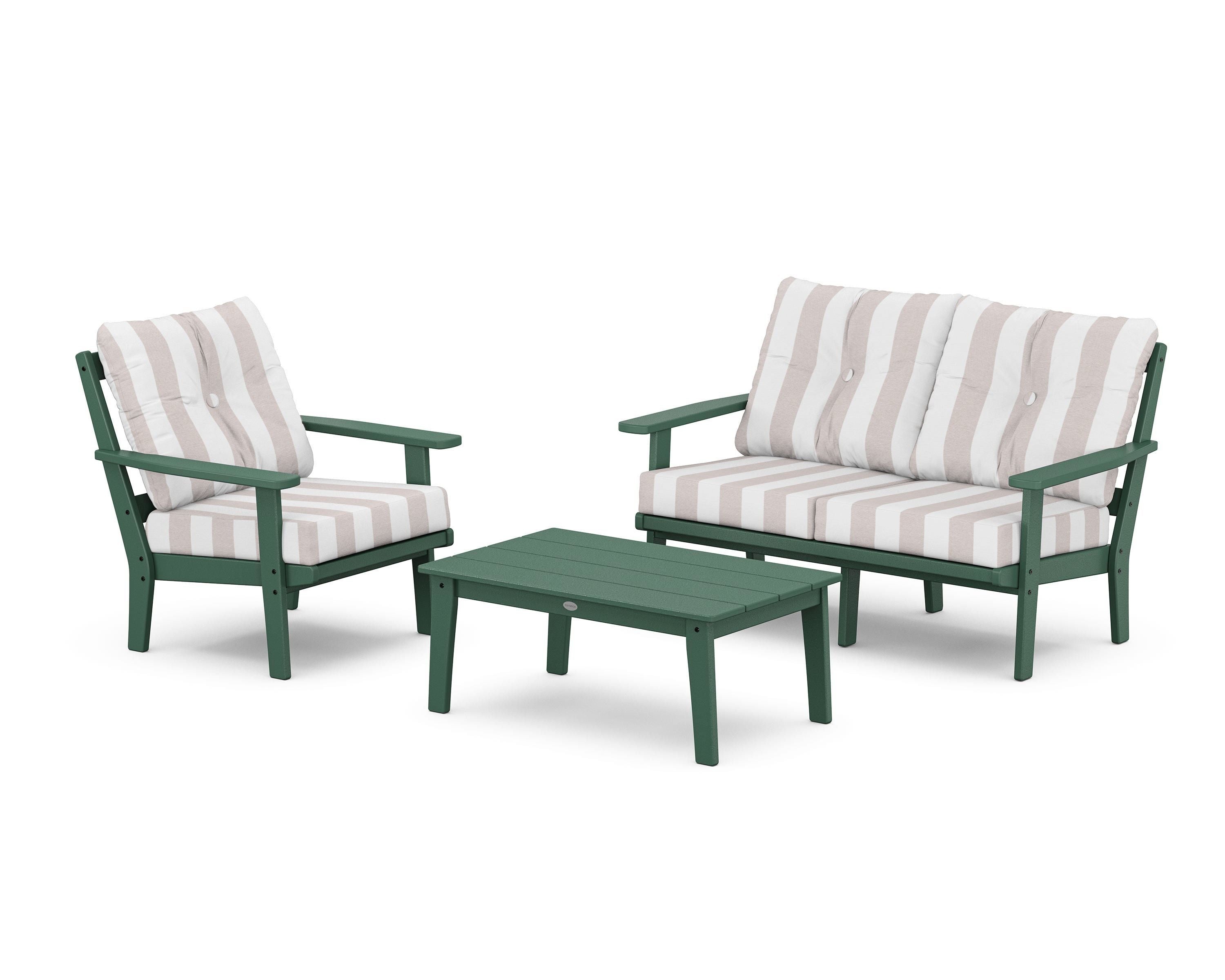 POLYWOOD® Prairie 3-Piece Deep Seating Set with Loveseat in Green / Cabana Stripe Dune Burlap