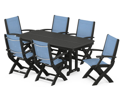 POLYWOOD® Coastal Folding Arm Chair 7-Piece Dining Set in Black / Poolside Sling