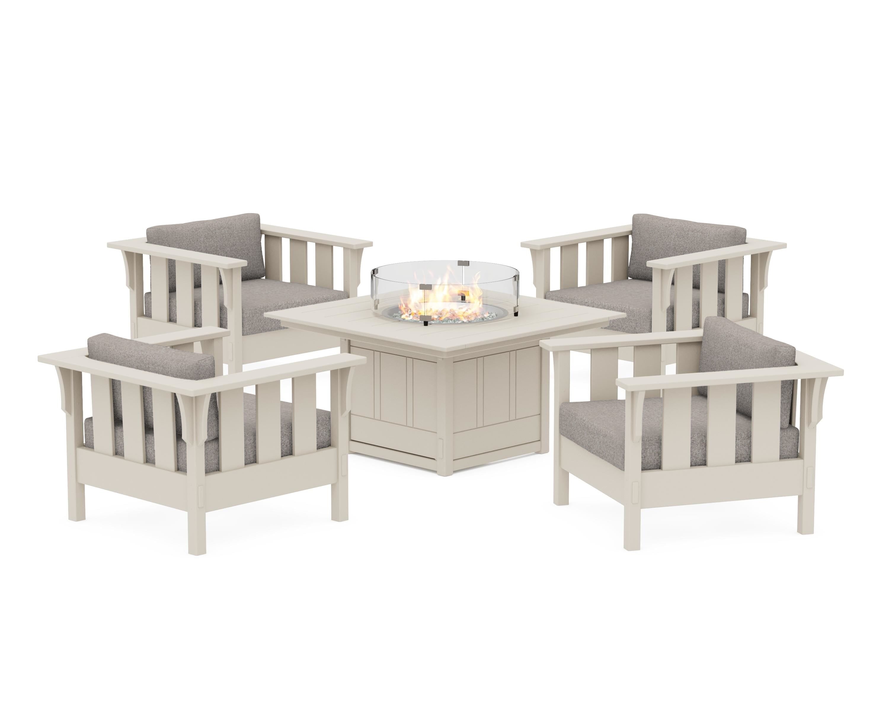 Martha Stewart by POLYWOOD® Acadia 5-Piece Deep Seating Set with Fire Pit Table in Sand / Weathered Tweed
