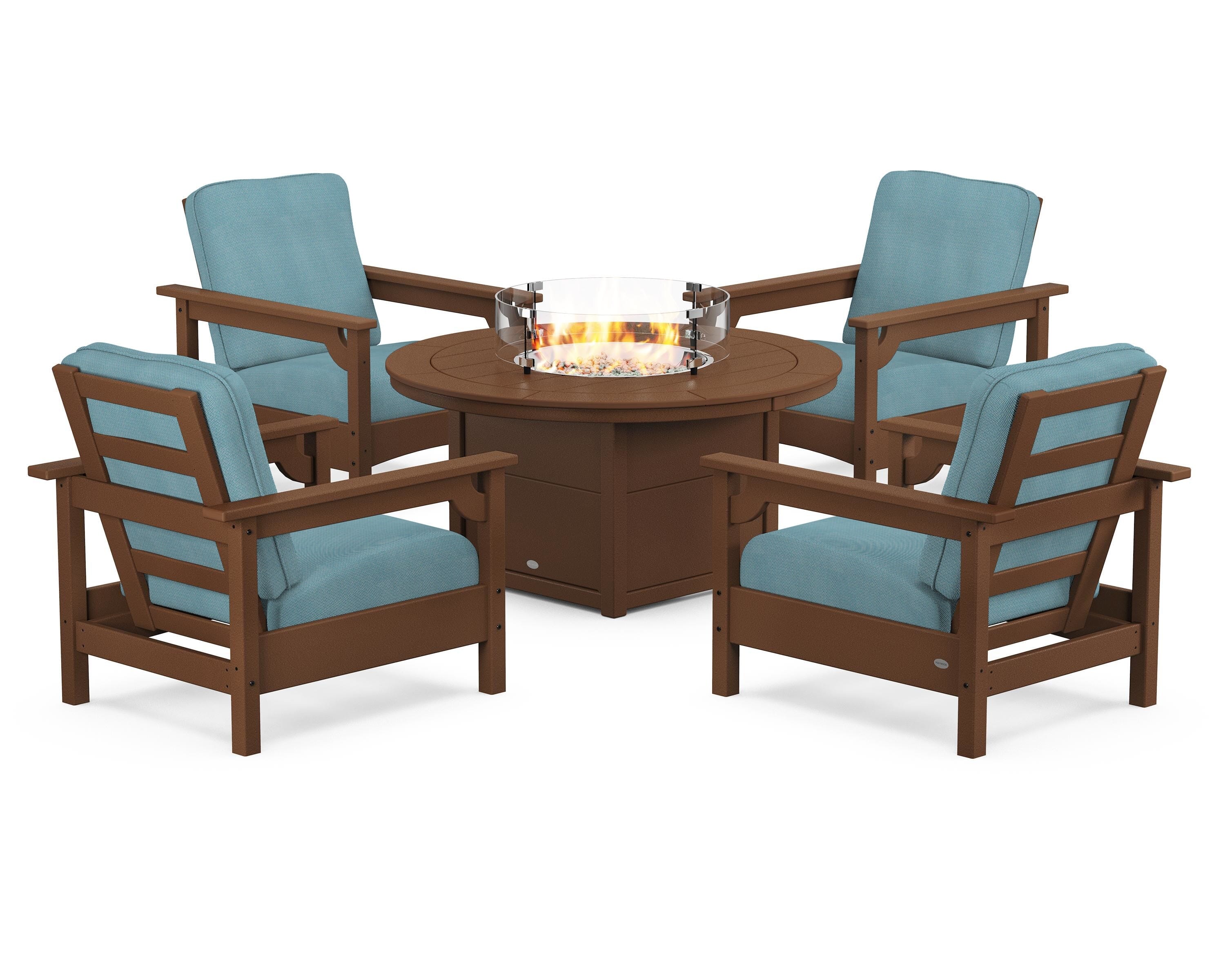 POLYWOOD® Club 5-Piece Conversation Set with Fire Pit Table in Teak / Lattice Sky Blue