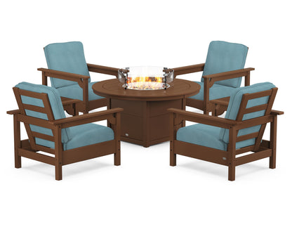POLYWOOD® Club 5-Piece Conversation Set with Fire Pit Table in Teak / Lattice Sky Blue