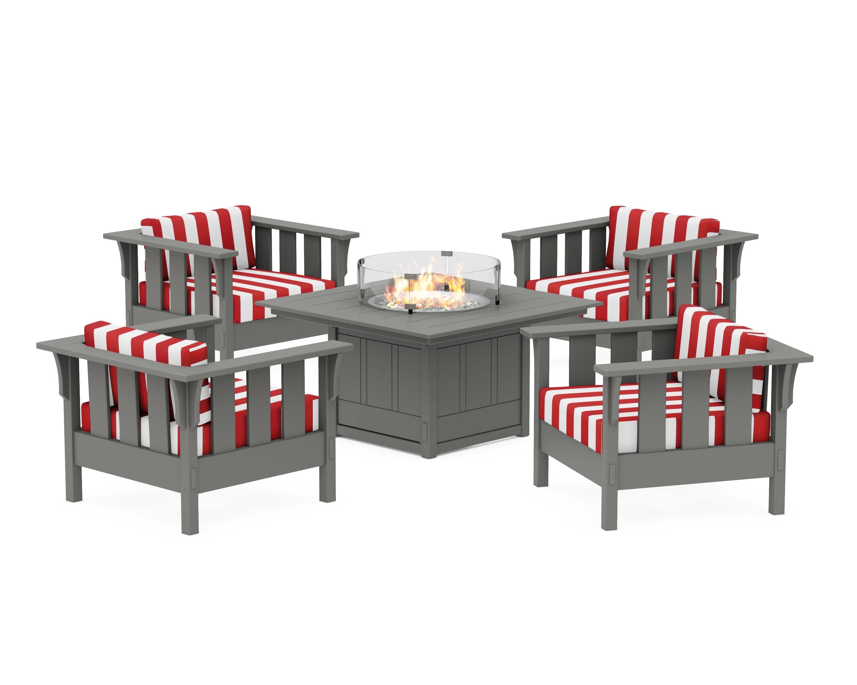 Martha Stewart by POLYWOOD® Acadia 5-Piece Deep Seating Set with Fire Pit Table in Slate Grey / Cabana Stripe Crimson
