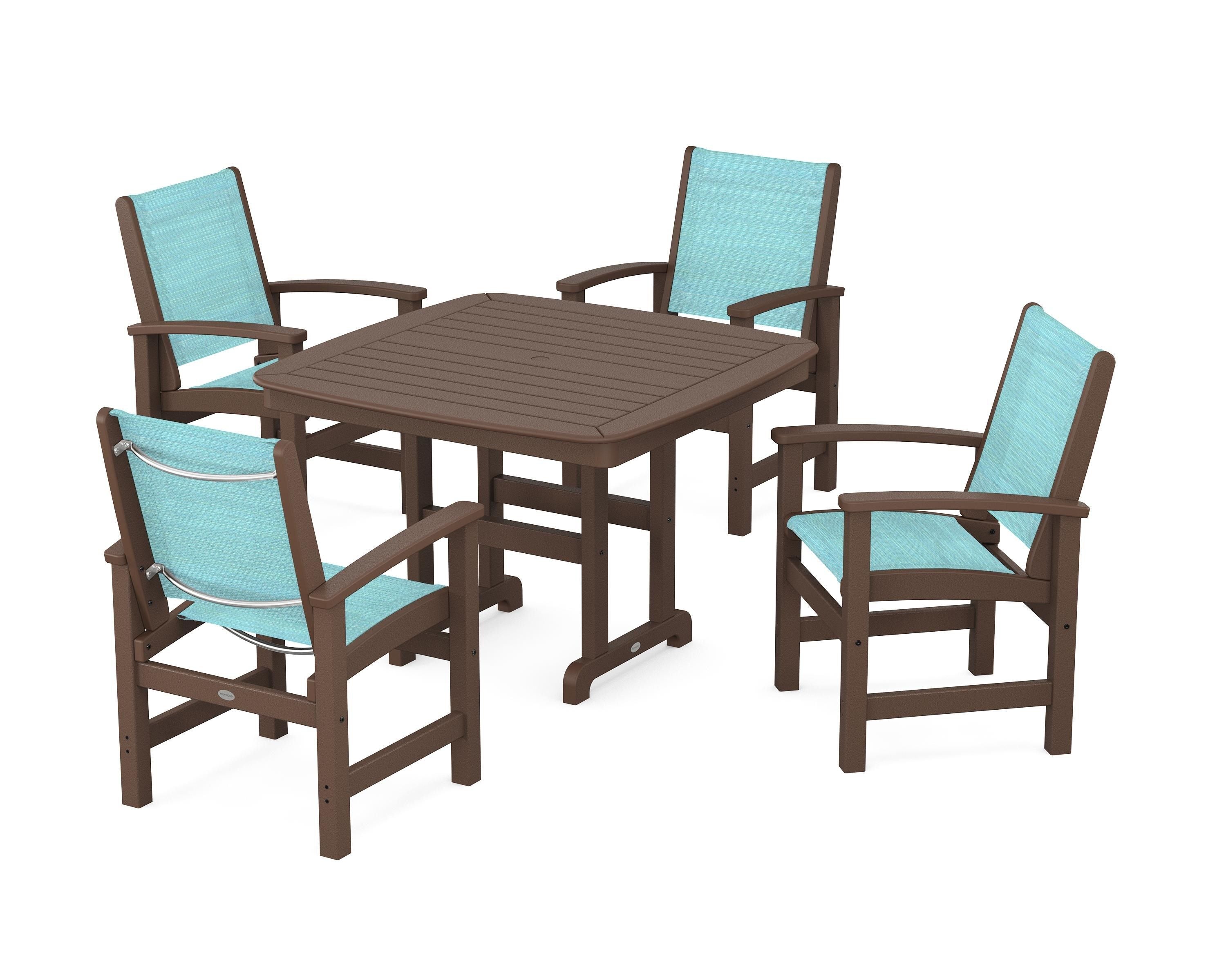 POLYWOOD® Coastal 5-Piece Dining Set in Mahogany / Dupioni Aquamarine Sling