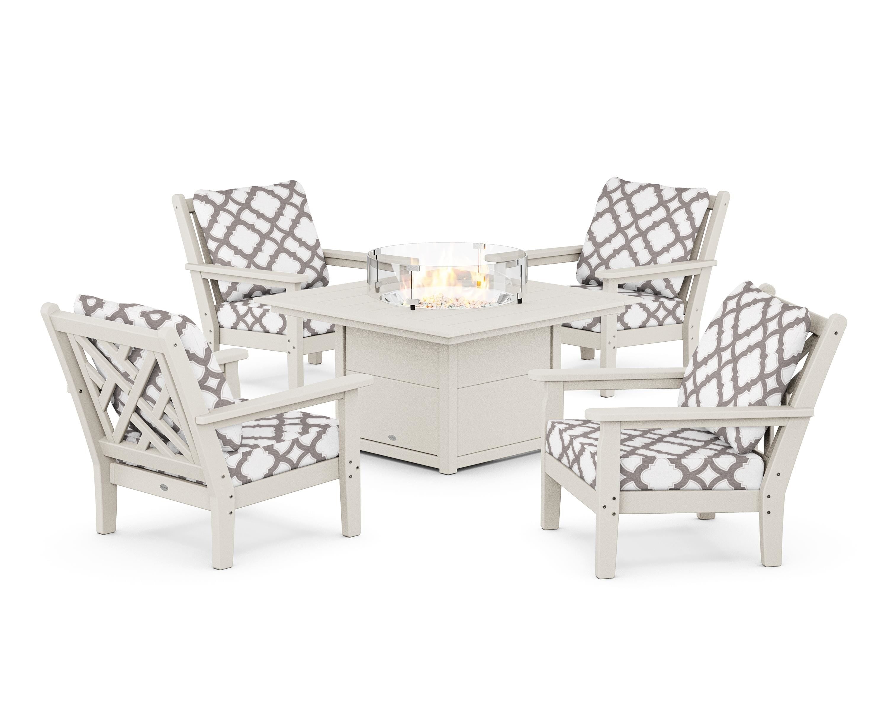 POLYWOOD® Chippendale 5-Piece Deep Seating Set with Fire Pit Table in Sand / Trellis Grey Mist