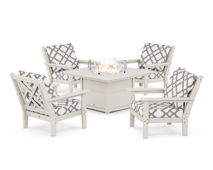 POLYWOOD® Chippendale 5-Piece Deep Seating Set with Fire Pit Table in Sand / Trellis Grey Mist