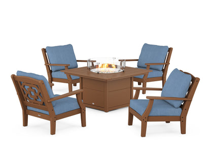 Martha Stewart by POLYWOOD® Chinoiserie 5-Piece Deep Seating Set with Fire Pit Table in Teak / Sky Blue