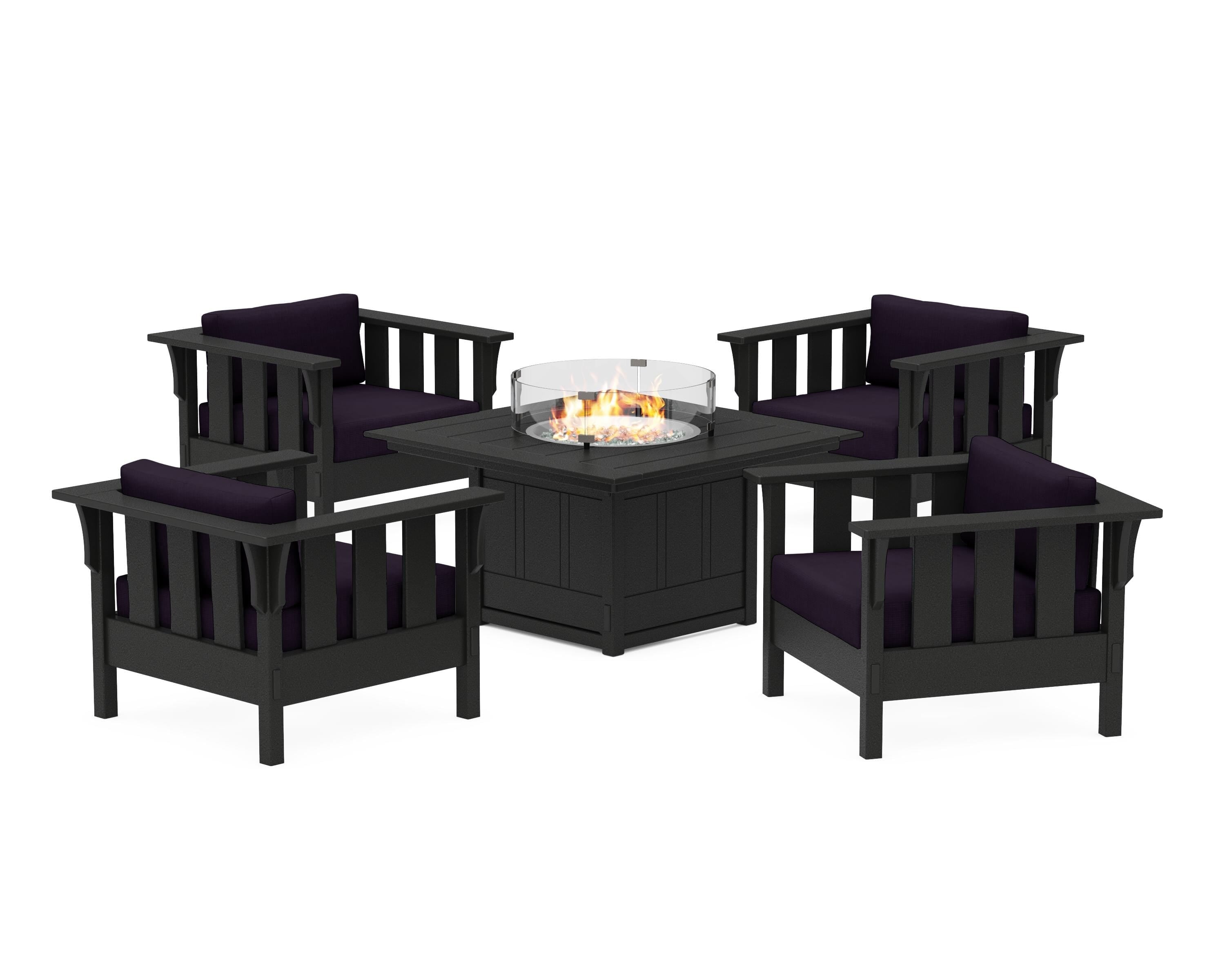 Martha Stewart by POLYWOOD® Acadia 5-Piece Deep Seating Set with Fire Pit Table in Black / Navy Linen
