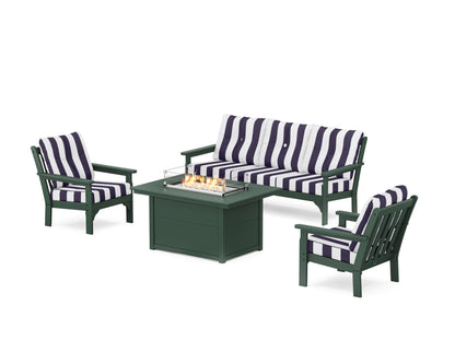 POLYWOOD® Vineyard Deep Seating Fire Pit Table Set in Green / Cabana Stripe Navy