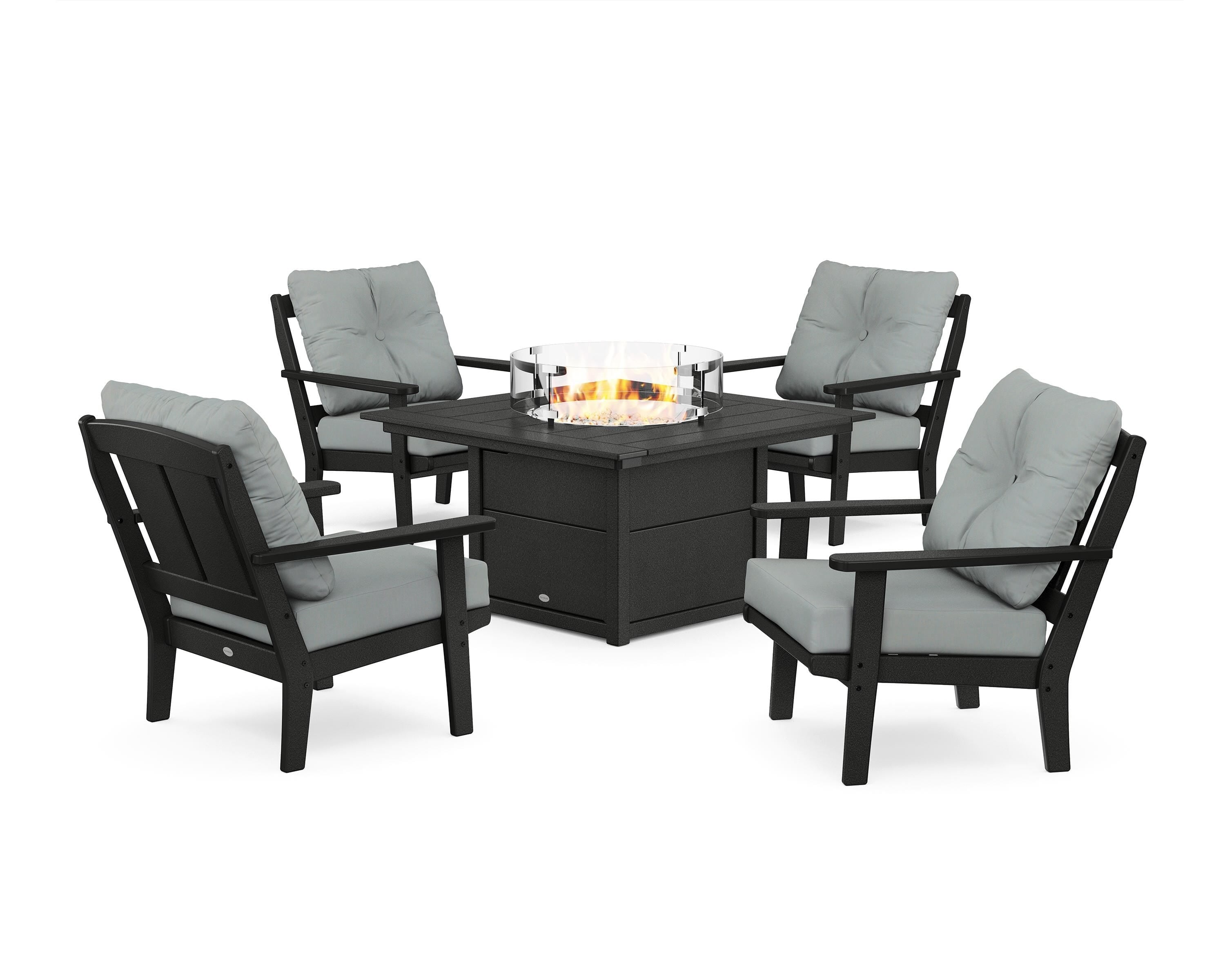 POLYWOOD® Mission 5-Piece Deep Seating Set with Fire Pit Table in Black / Spa
