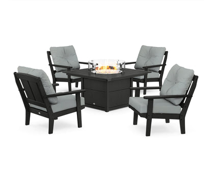 POLYWOOD® Mission 5-Piece Deep Seating Set with Fire Pit Table in Black / Spa