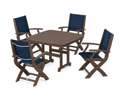 POLYWOOD® Coastal Folding Chair 5-Piece Dining Set in Mahogany / Navy Blue Sling