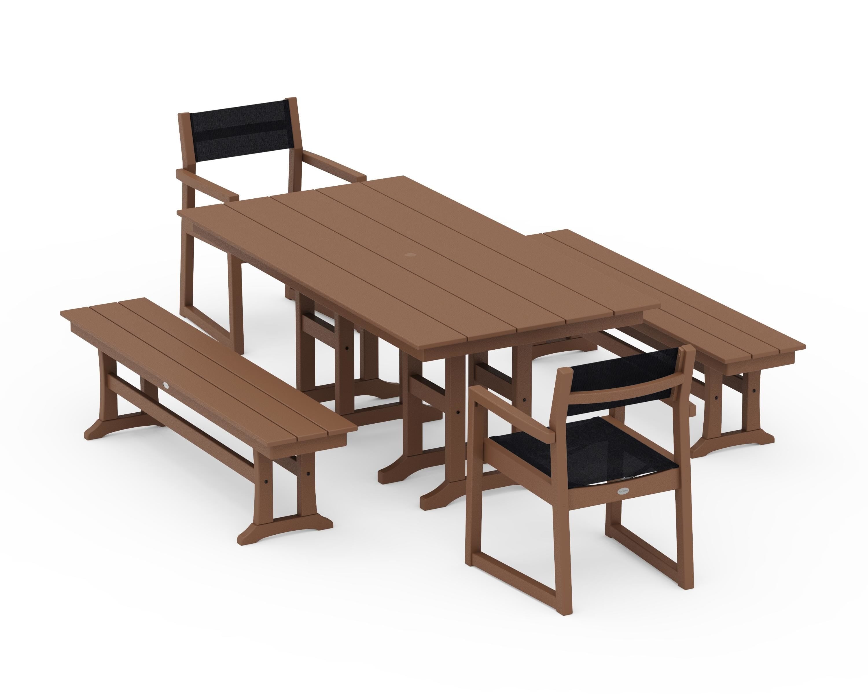 POLYWOOD® EDGE Sling Arm Chair 5-Piece Farmhouse Dining Set with Benches in Teak / Black Sling