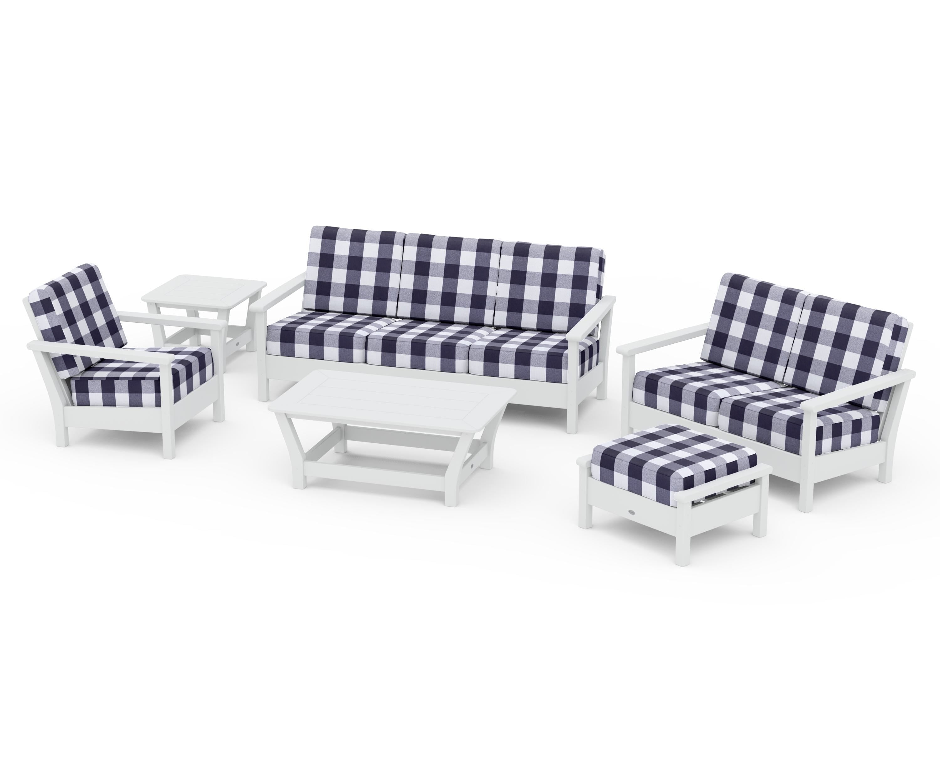 POLYWOOD® Harbour 6-Piece Outdoor Living Set in White / Buffalo Plaid Navy