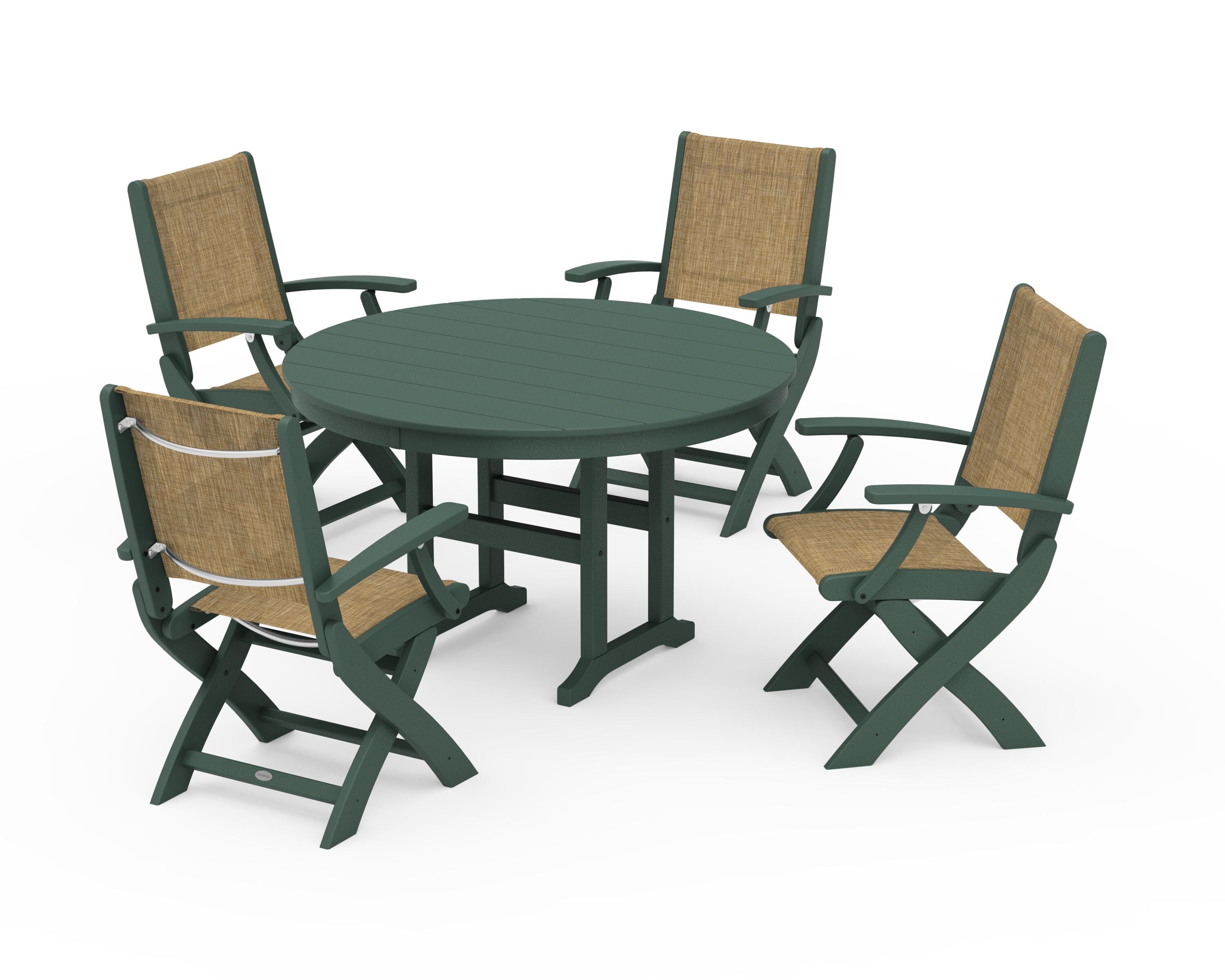 POLYWOOD® Coastal Folding Chair 5-Piece Round Dining Set in Green / Burlap Sling
