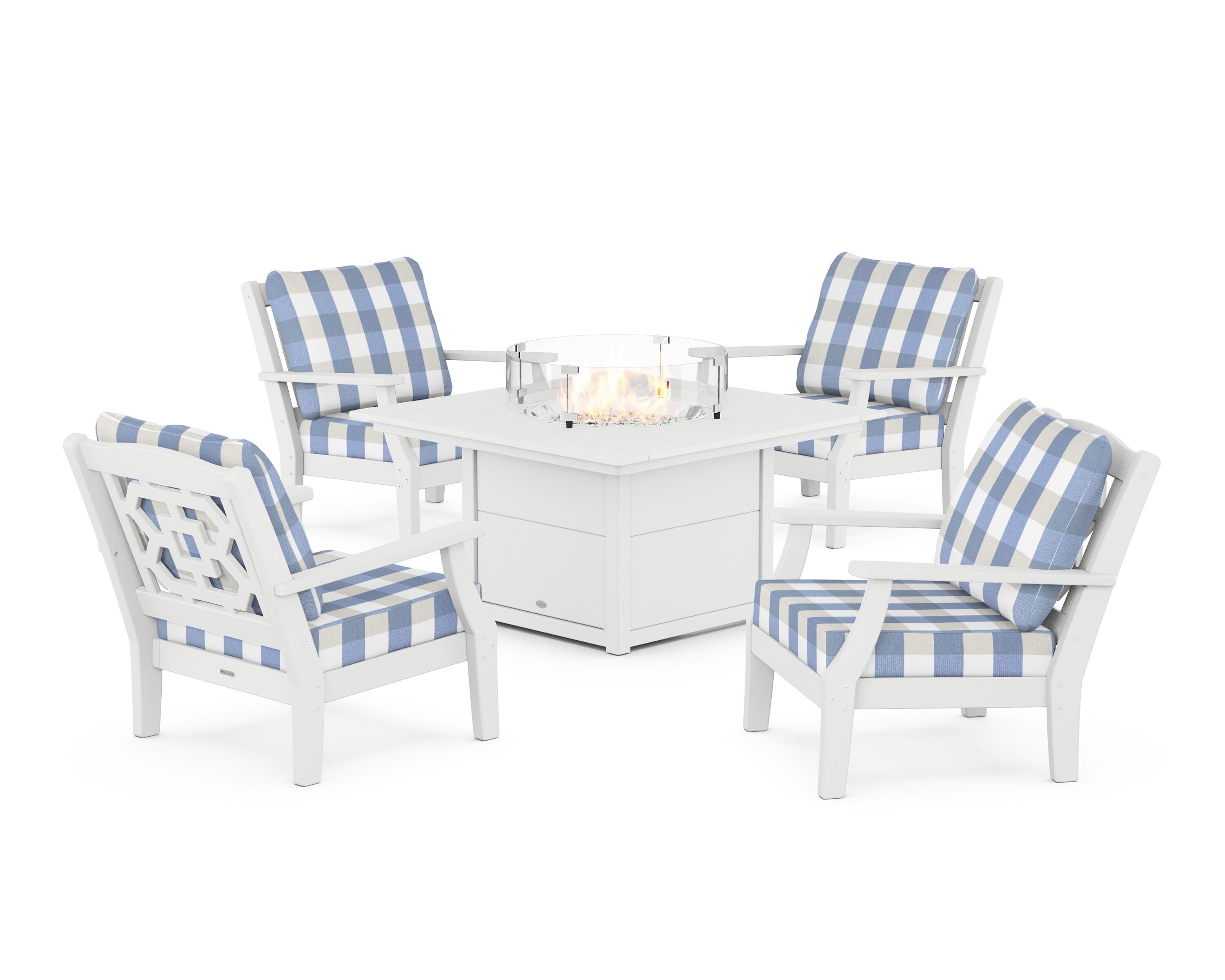 Martha Stewart by POLYWOOD® Chinoiserie 5-Piece Deep Seating Set with Fire Pit Table in White / Buffalo Plaid Sky Blue
